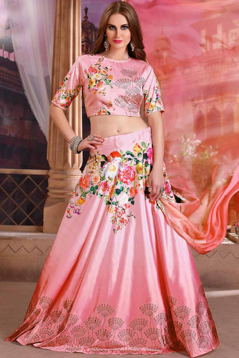 Pink Satin and Silk Lehenga with Silk Choli
