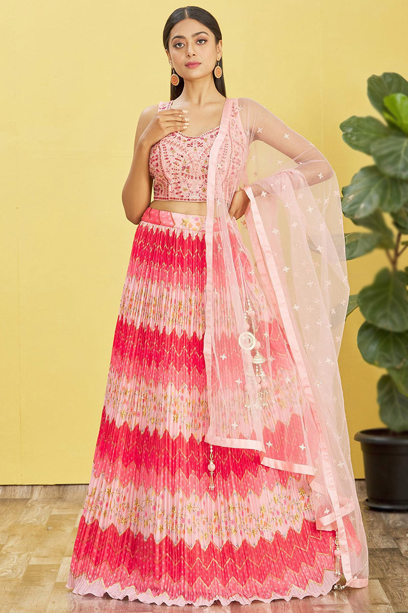 Pink Printed Chinnon Lehenga For Bridesmaid 