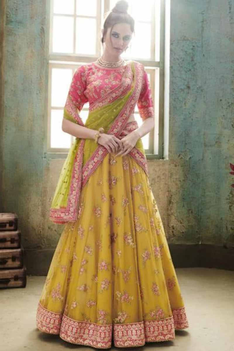 Buy S S FAB Women's Net Embellished Yellow Bindu Lehenga Half Sleeve Round  Neck Wedding & Festive Yellow:Pink Lehenga Choli at Amazon.in