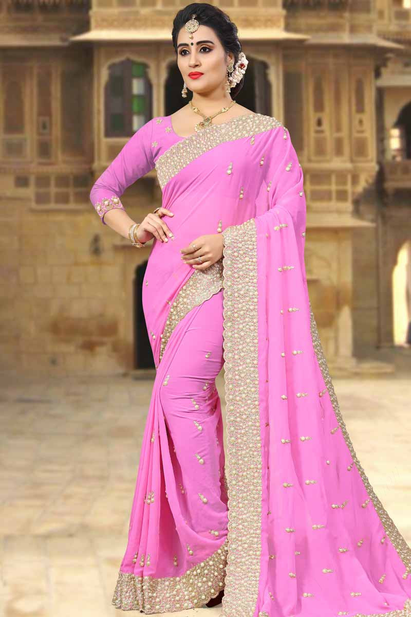 Buy Party Wear Pink Sequins Work Georgette Ready To Wear Saree Online From  Surat Wholesale Shop.