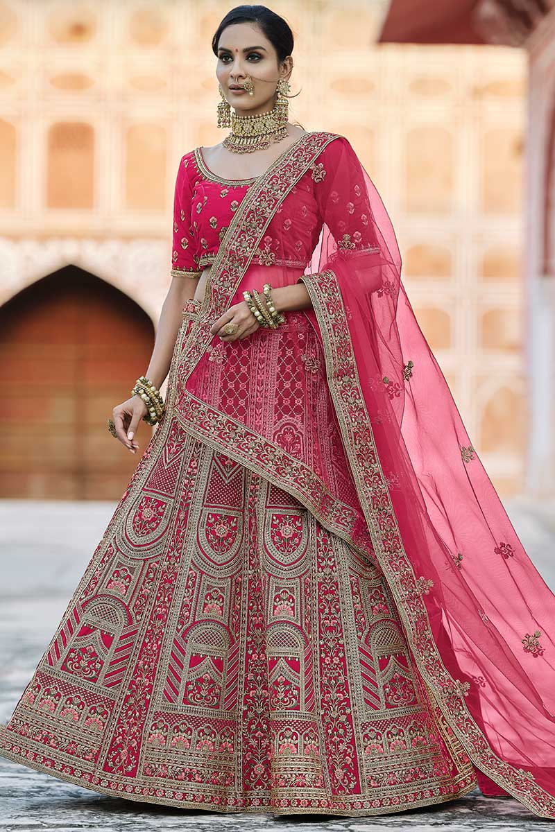 Velvet Lehenga with Zari Embroidery in Pink for Wedding 
