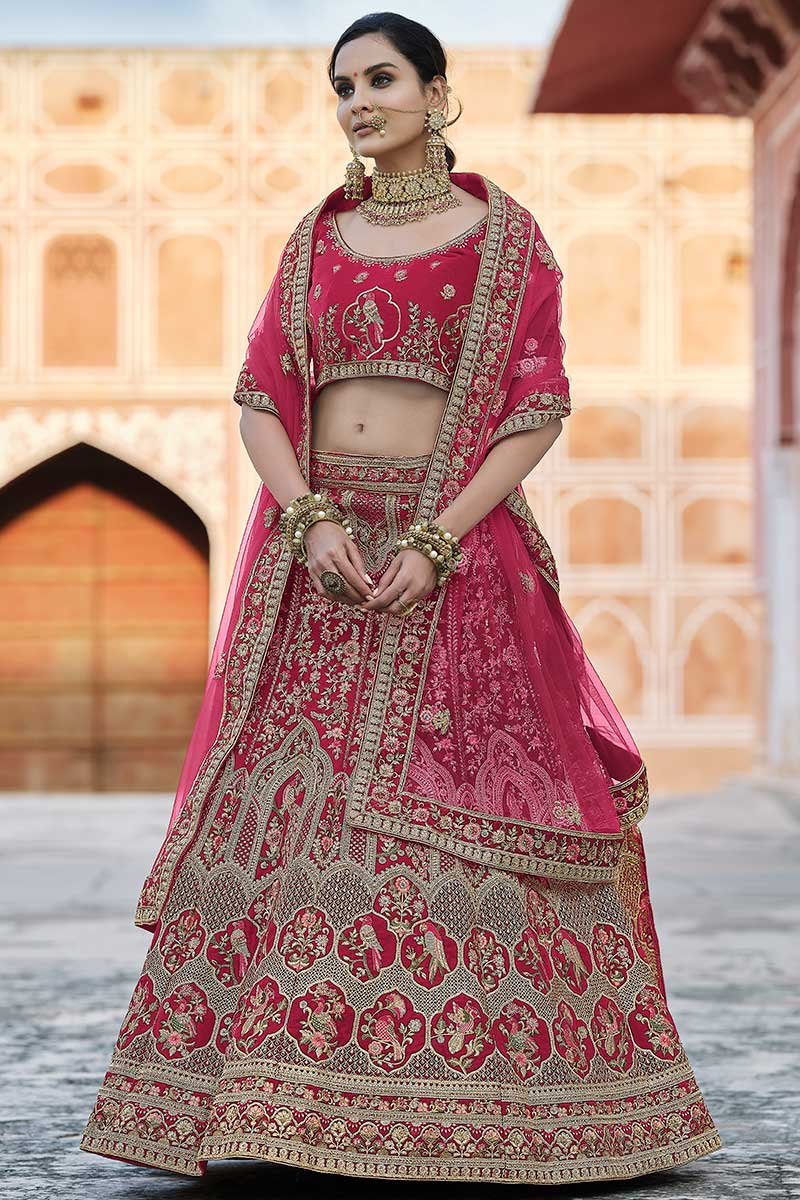Pink Velvet A-Line Embroidered Lehenga