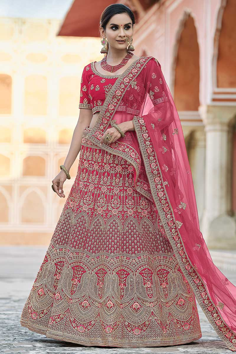 Pink Party Wear Zari Embroidered Lehenga in Velvet