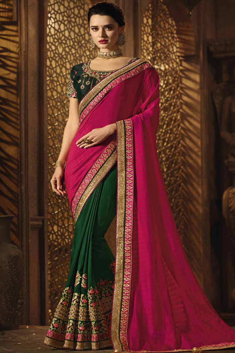 ZARI WORK Dark Green Color Pure Soft Silk Saree With Magenta Border & Blouse  at Rs 649 in Surat