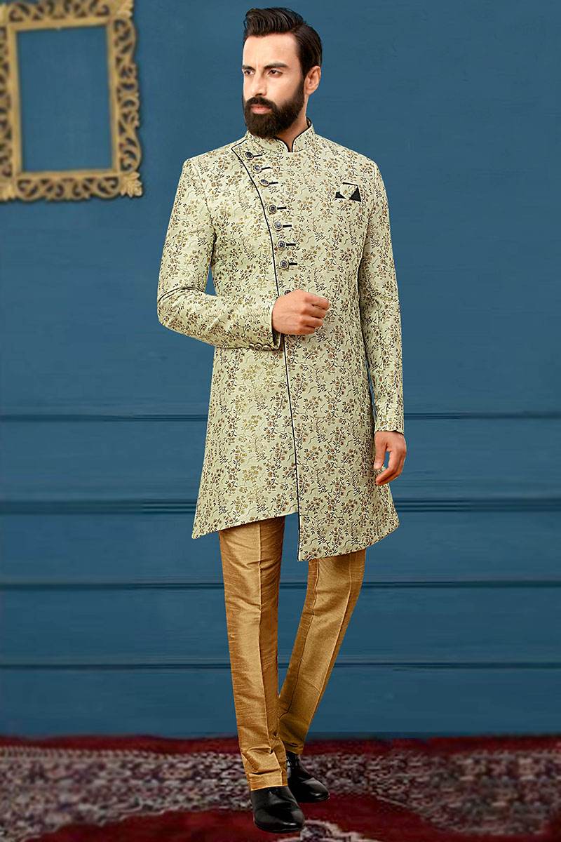 Pistachio Green Brocade Woven Zari Men's Sherwani