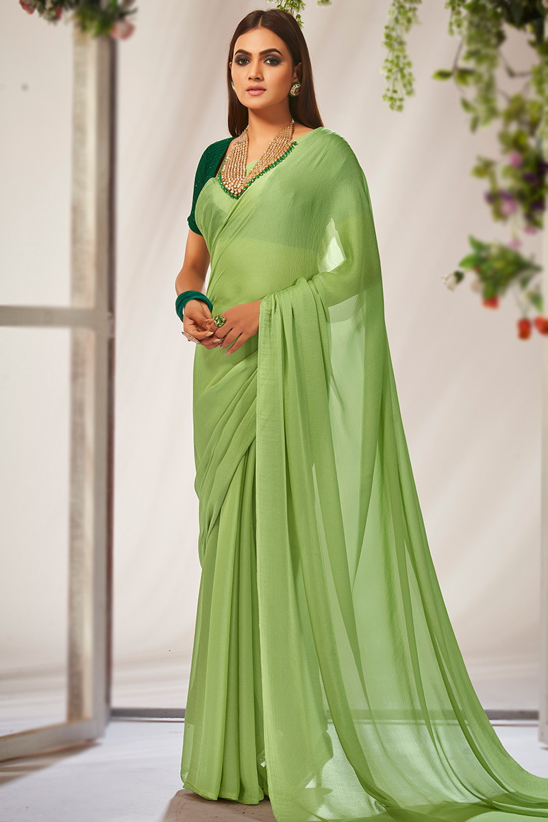 Pistachio Green Chinnon Plain Saree with Sequence Work Blouse SARV163353
