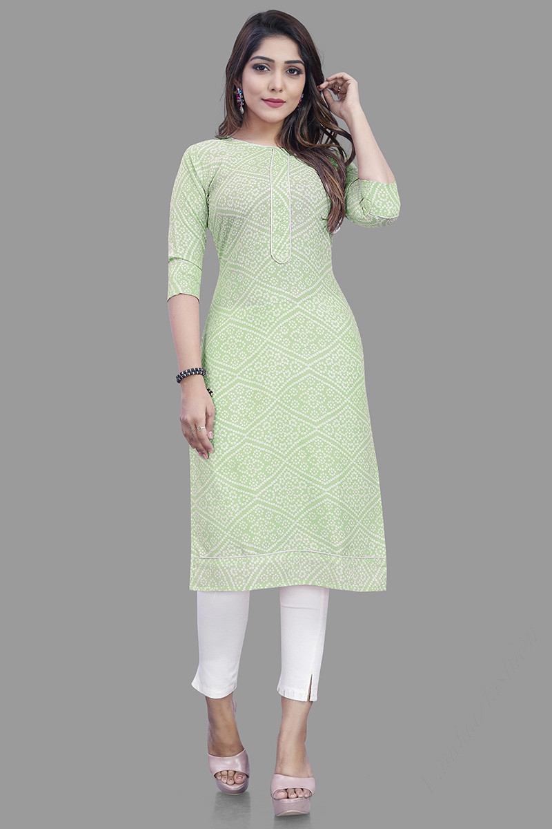 Pistachio Green Cotton Bandhej Printed Kurti