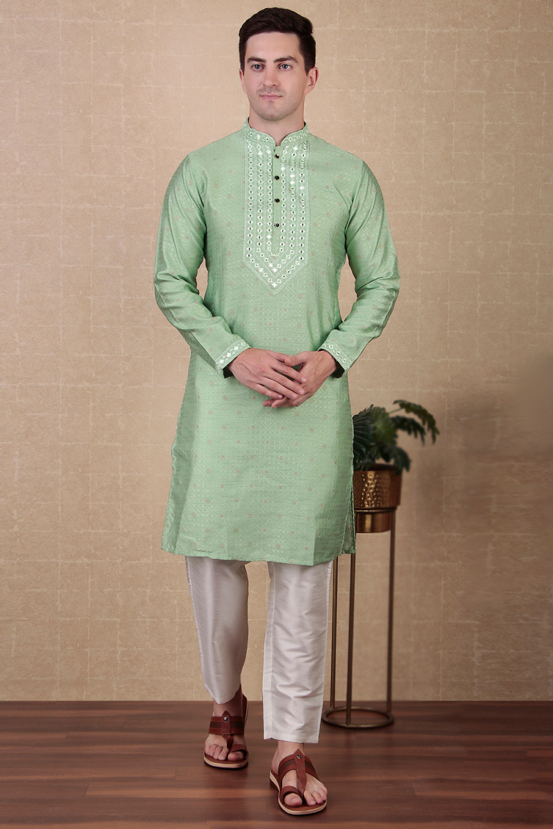 Pistachio Green Dupion Silk Embroidered Straight Cut Men's Kurta Pajama
