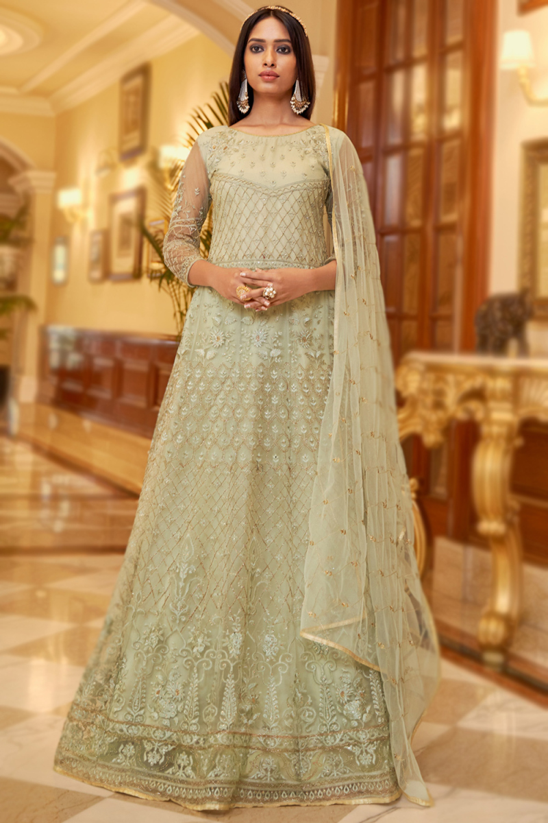 Talking Threads Pista Green Floral Embroidered Modal Satin Anarkali Suit