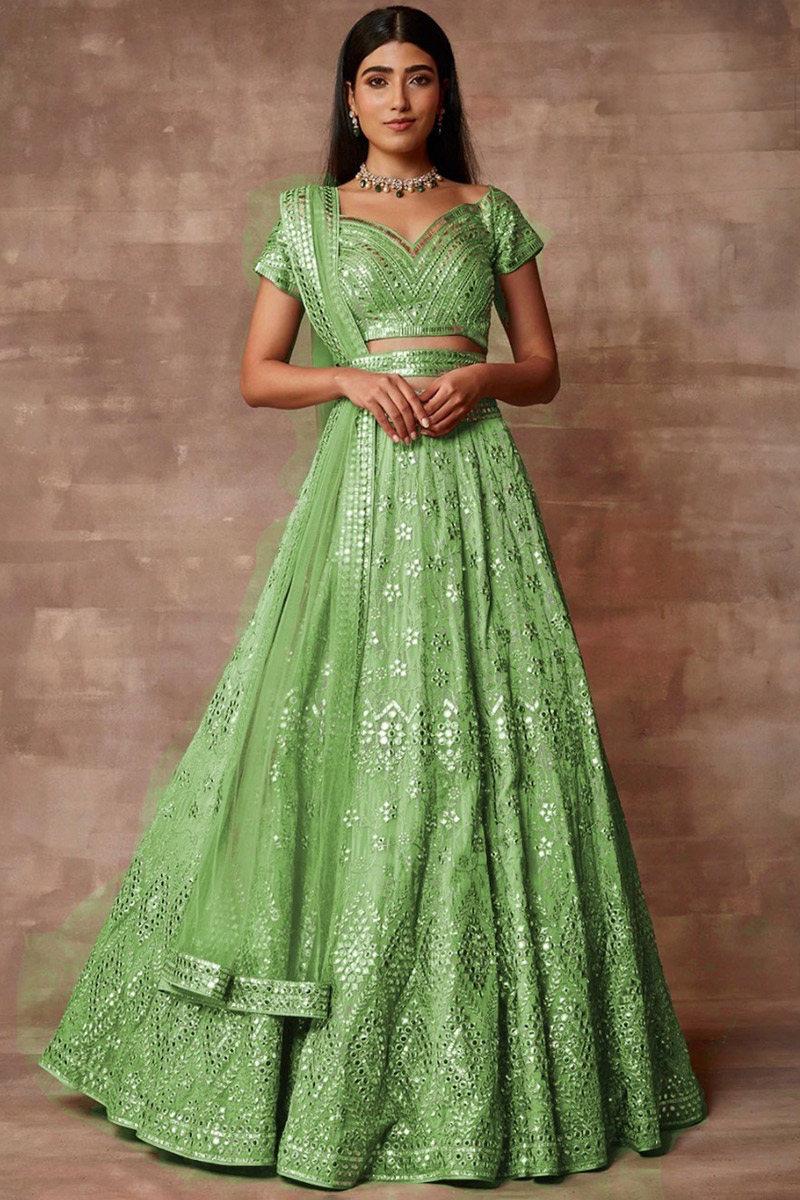 Pistachio Green Embroidered Organza Flared Style Lehenga 