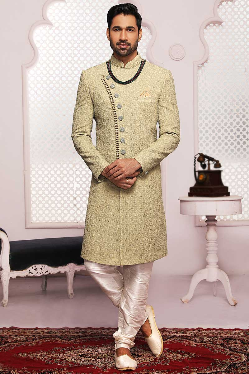 Pistachio Green Georgette Embroidered Men Sherwani With Churidar
