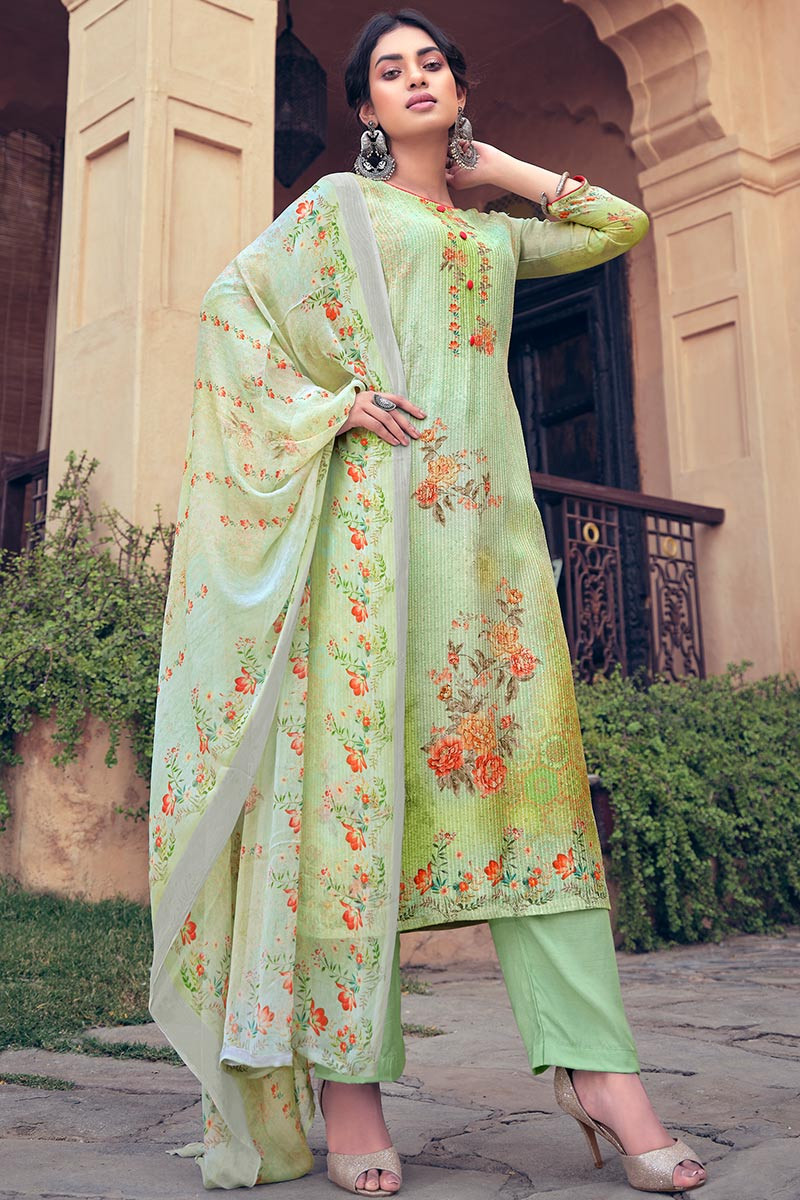 Evening Wear Pistachio Green Trouser Suit With Thread Work LSTV110950