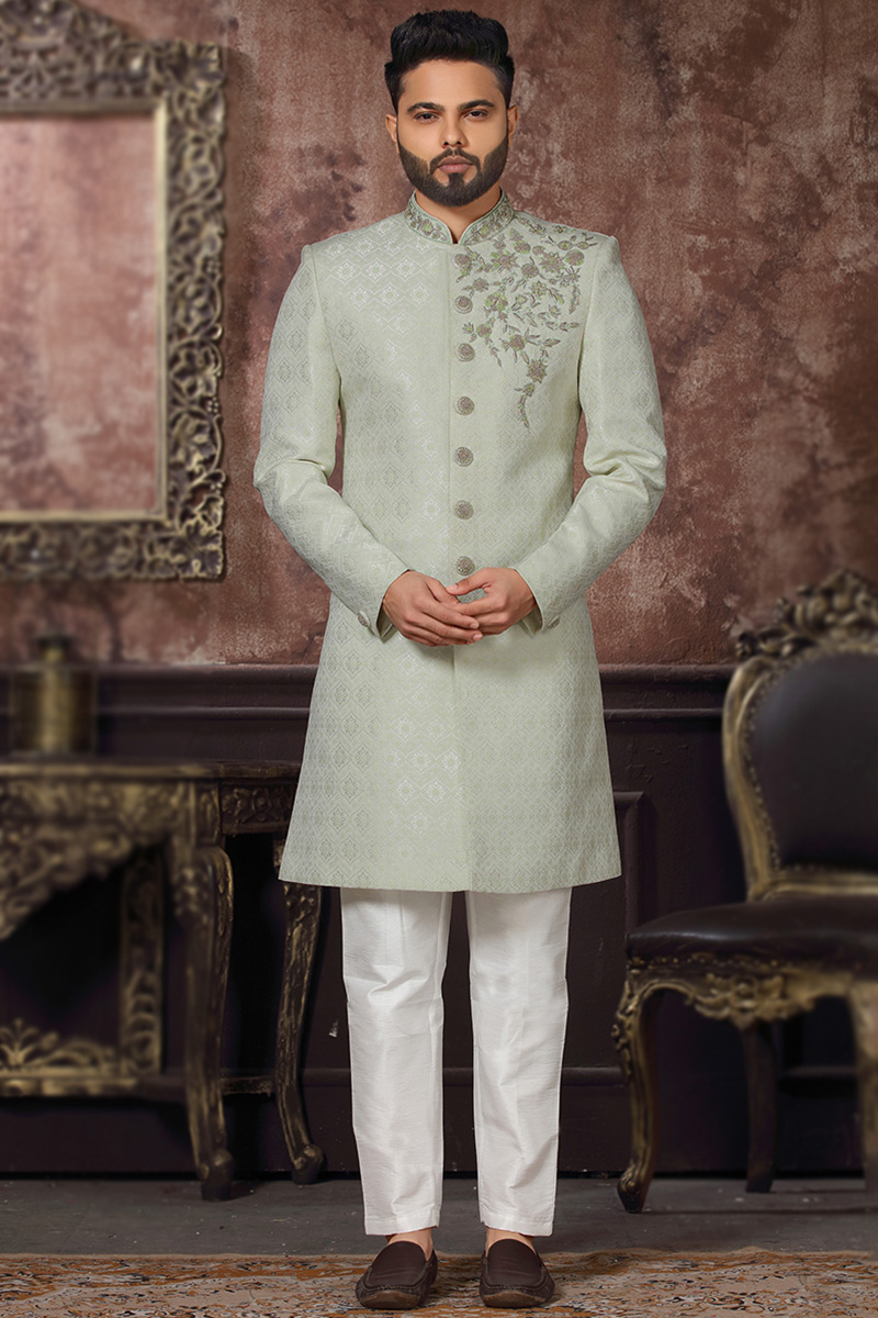 Pistachio Green Jacquard Embroidered Men's Sherwani