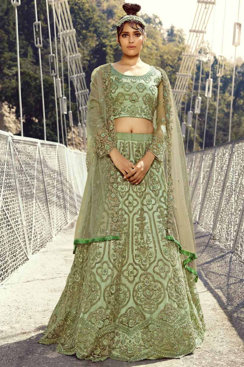 Buy Pista Green Lehenga Set With Embroidered Blouse
