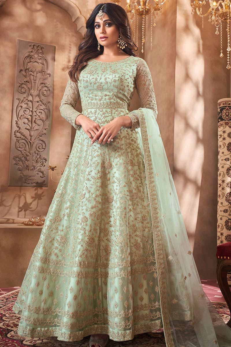 Green Sequins Resham Georgette Soft Net Anarkali Salwar Suit