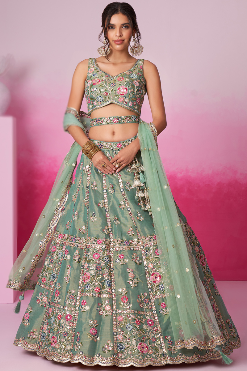 Pistachio Green Net Embroidered Panelled Style Lehenga 