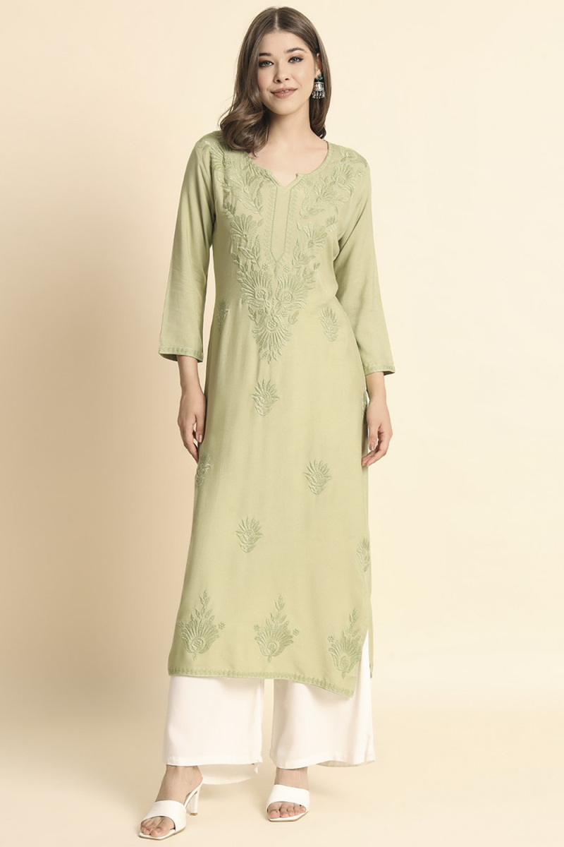 Pistachio Green Rayon Embroidered Ready Made Straight Cut Casual Wear Kurti