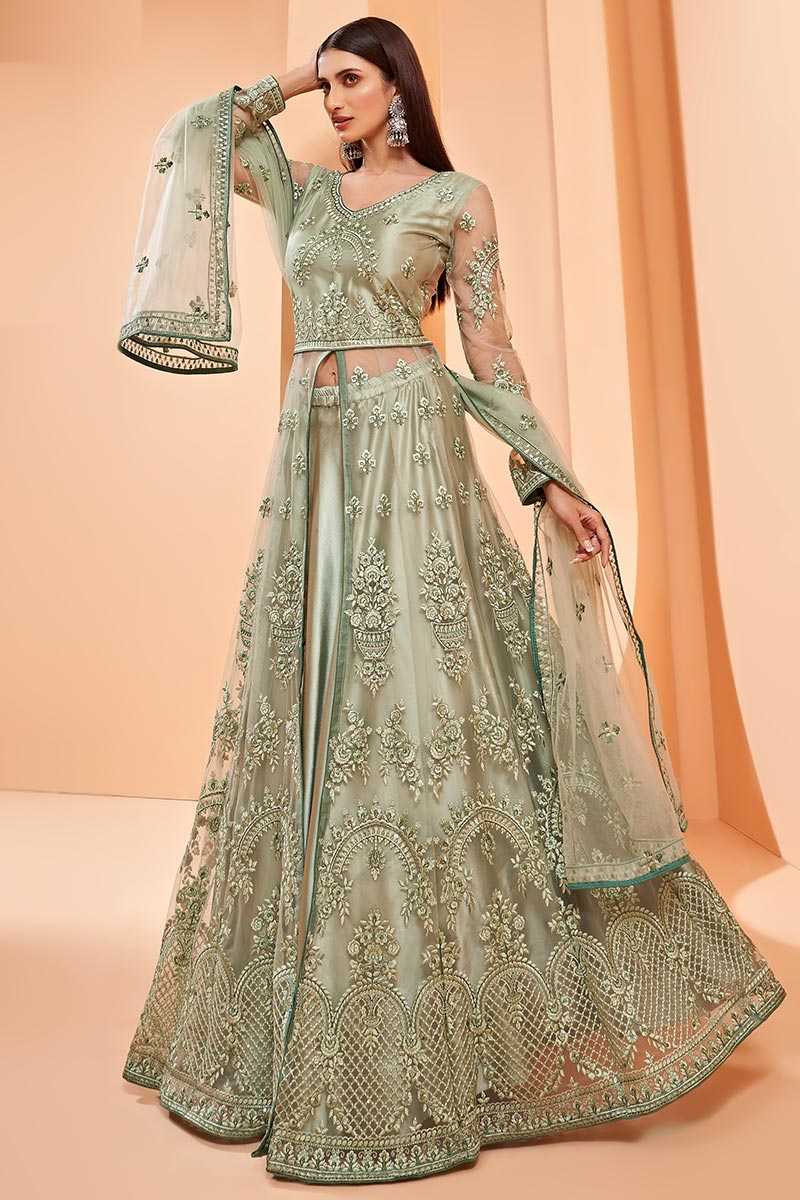 Sage Green Satin Long Choli Lehenga