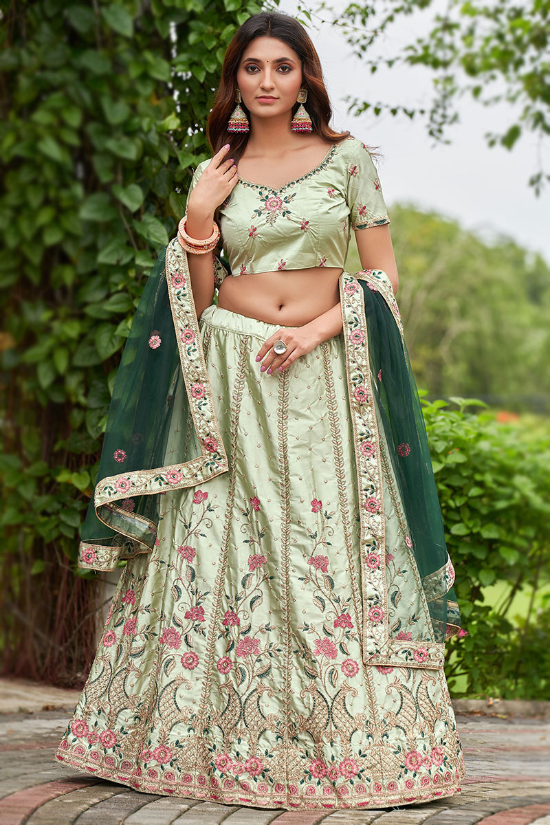 Pistachio Green Satin Silk Embroidered Panelled Style Lehenga