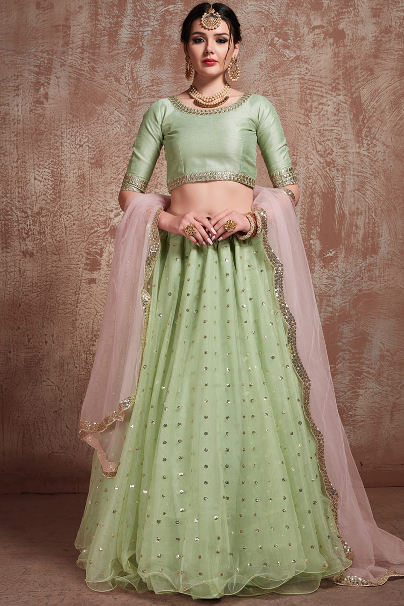 Pistachio Green Sequins Embroidered Net Flared Lehenga 