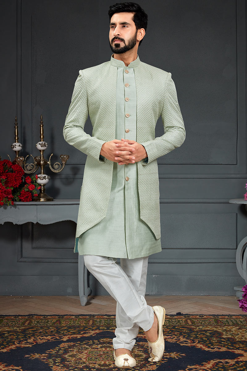Trending Pistachio Green Silk Embroidered Jacket Style Men