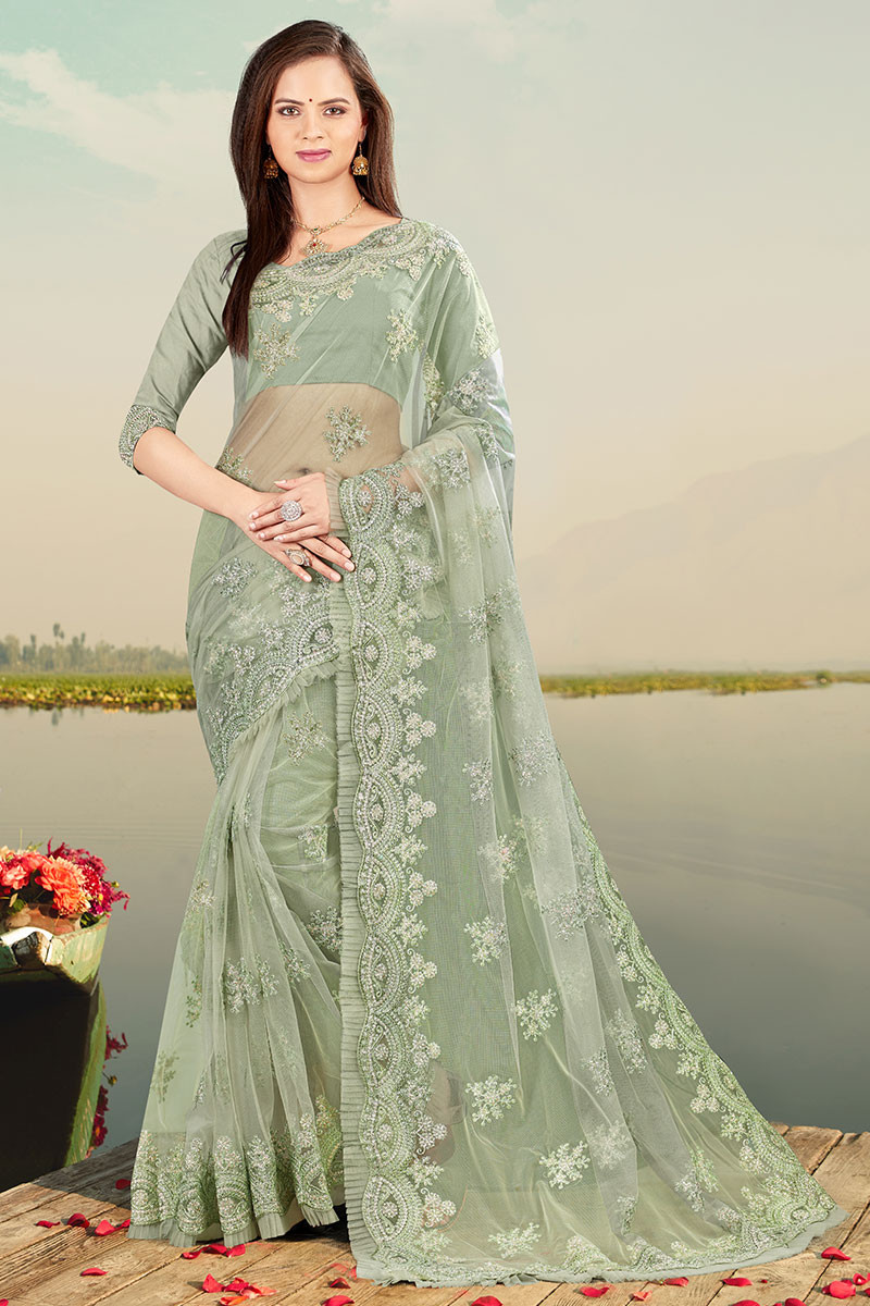 Buy Green Striped Tissue Silk Saree Online in USA with Saree Blouse – Pure  Elegance