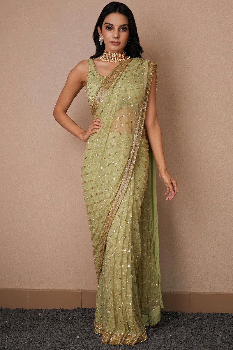 Pistachio Green Soft Silk Embroidered Cocktail Fancy Saree