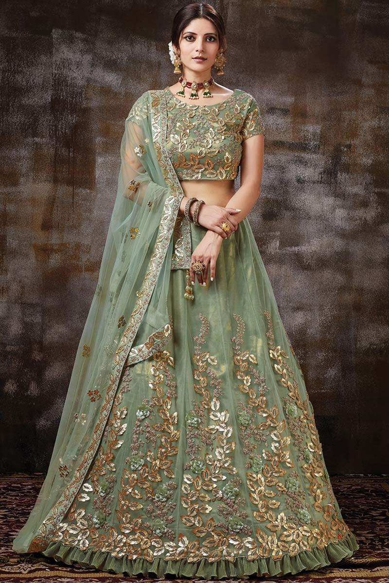 Pistachio Green Taffeta Silk Embroidered Lehenga Choli