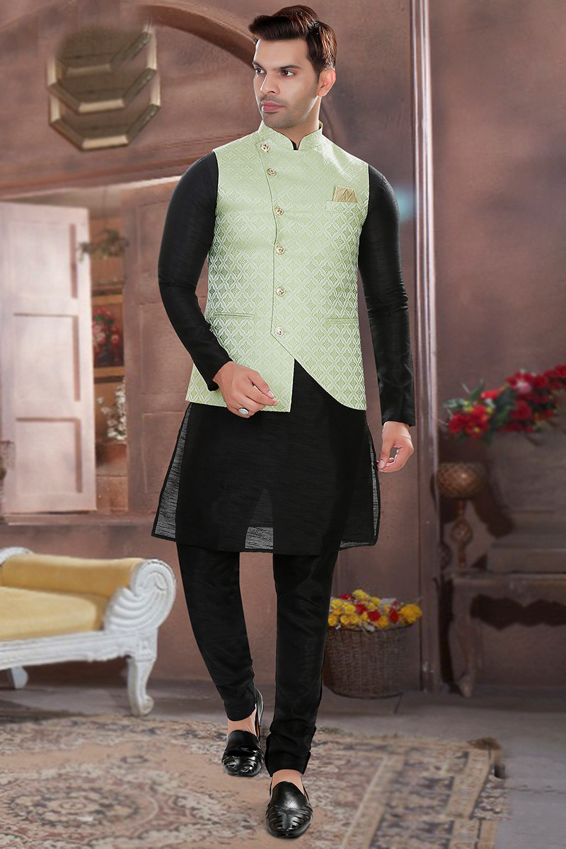 Pistachio Green Weaved jacquard Asymmetric Style Men s Waist Coat