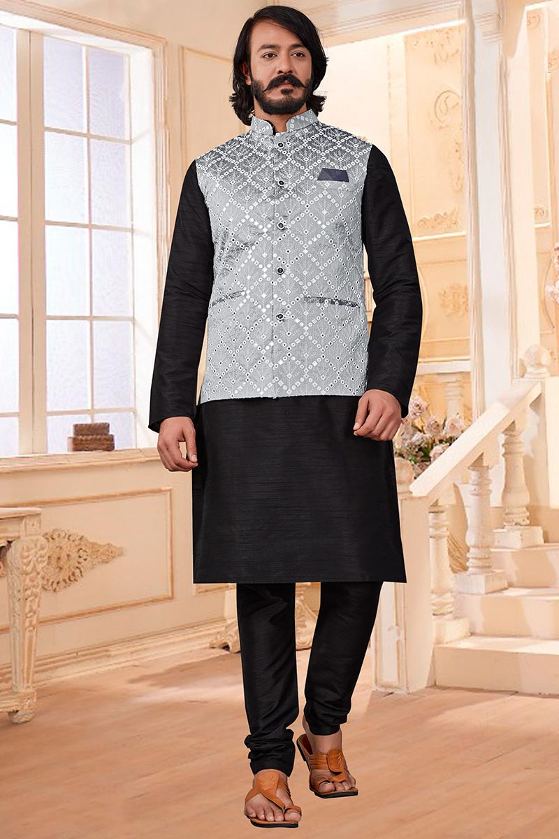 Plain Art Silk Black Jacket Style Men s Kurta Pajama