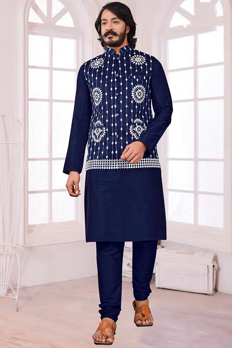 Plain Art Silk Navy Blue Men's Kurta Pajama