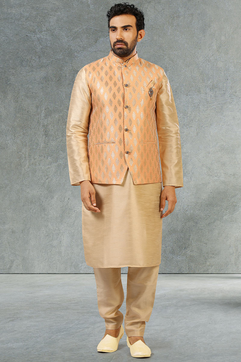 Oat Beige Jacket Style Art Silk Men Kurta Pajama for Party 