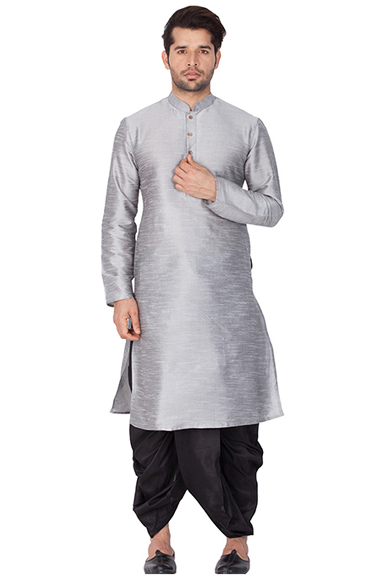 Plain Bangalori Silk Light Grey Men Kurta Dhoti