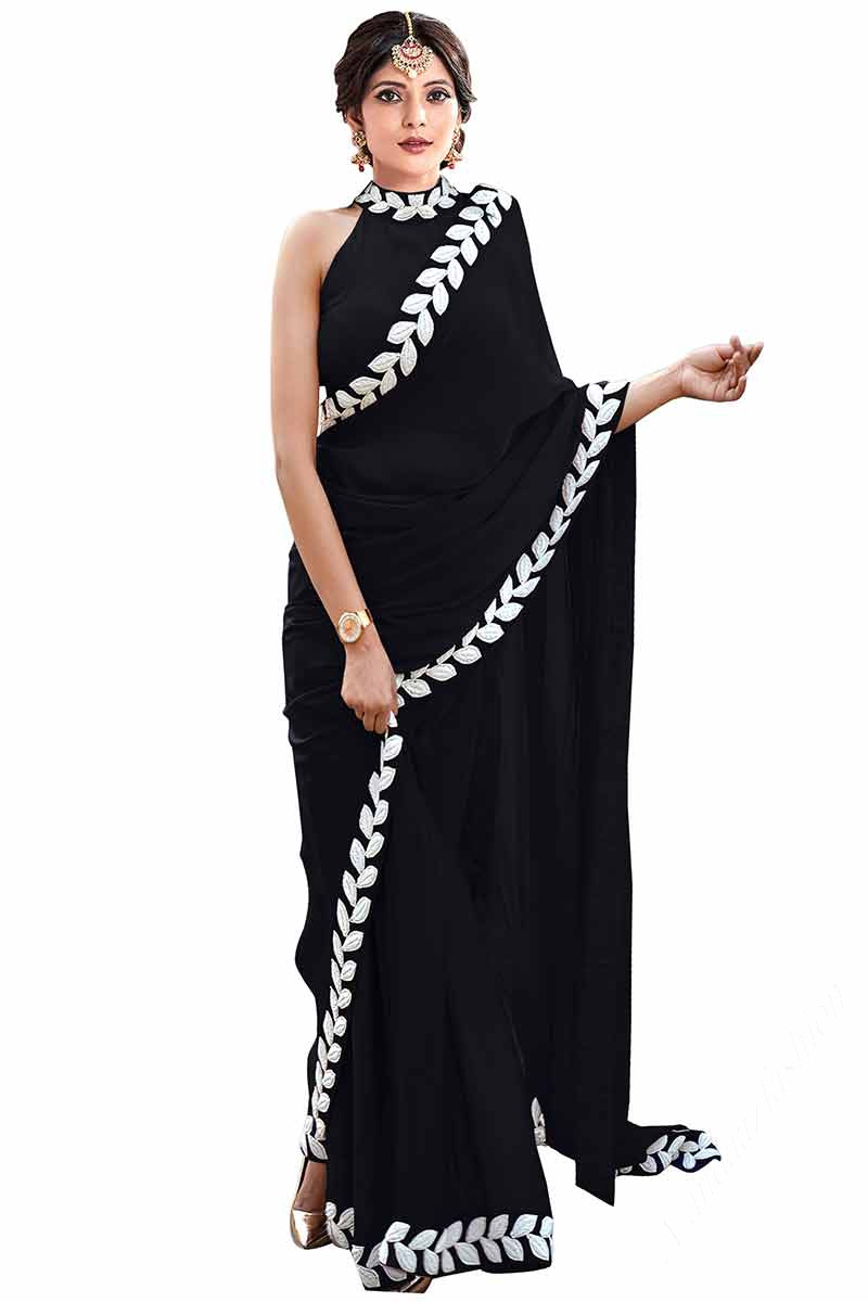 Black Embroidered Pre-Drape Saree Set With Corset Blouse – Masumi Mewawalla