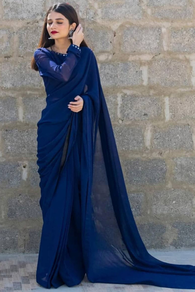 Plain Georgette Saree in Navy Blue : SBY313