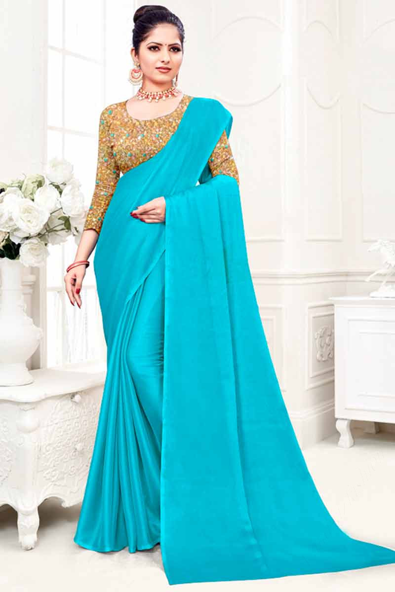 Shop Now Ice Blue Ready to Wear One Minute Saree In Satin Silk – Shopgarb  Store