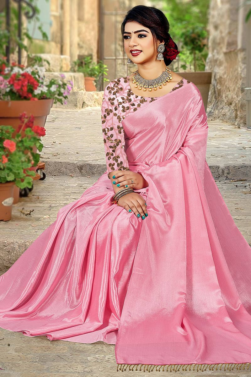Buy Pavecha's Pink Saree With Unstichted Blouse for Women Online @ Tata CLiQ