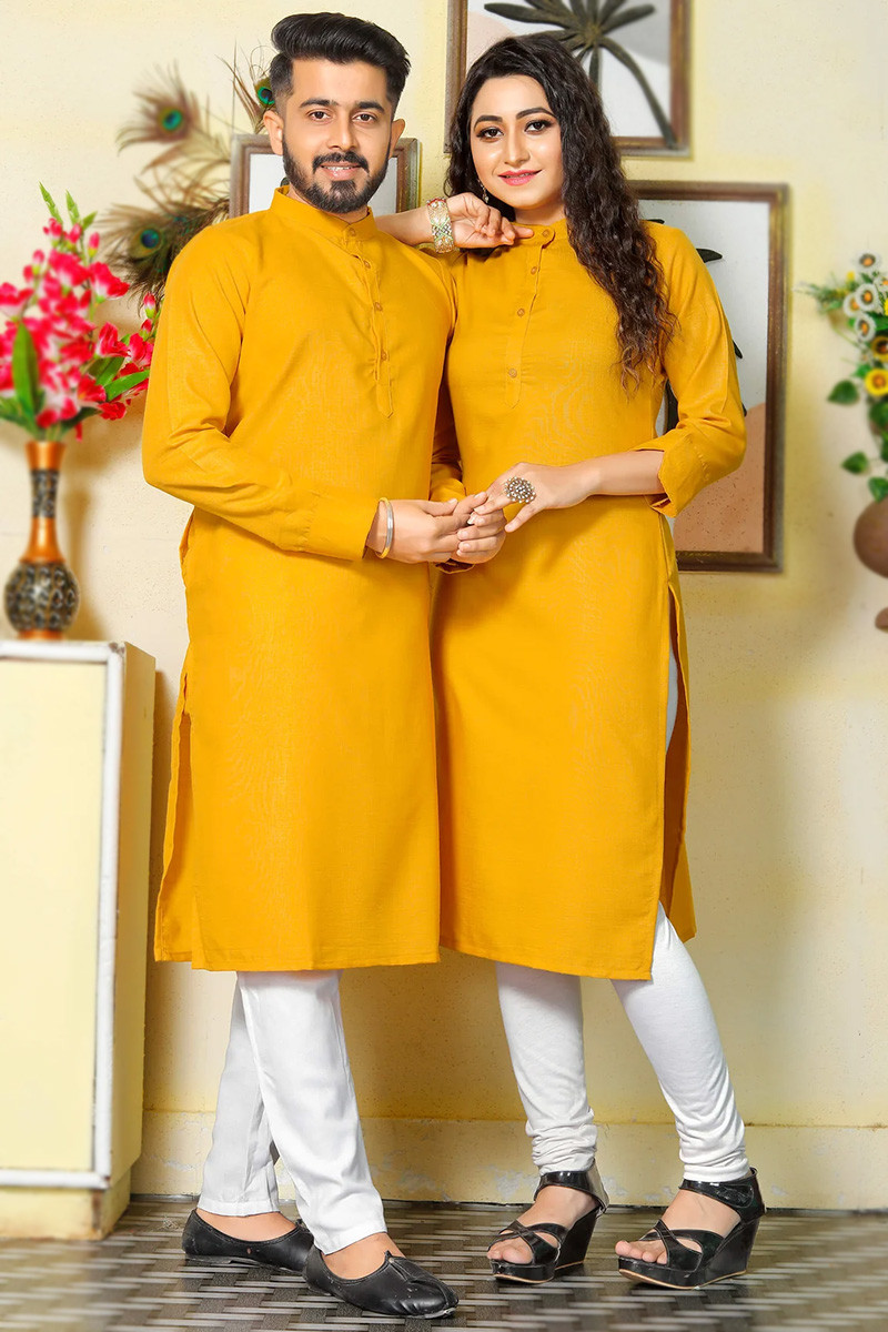 Plain Cotton Mustard Yellow Casual Wear Couple s Outfit