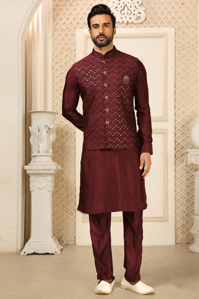 Plain Dark Maroon Dupion Silk Jacket Style Men's Kurta Pajama 