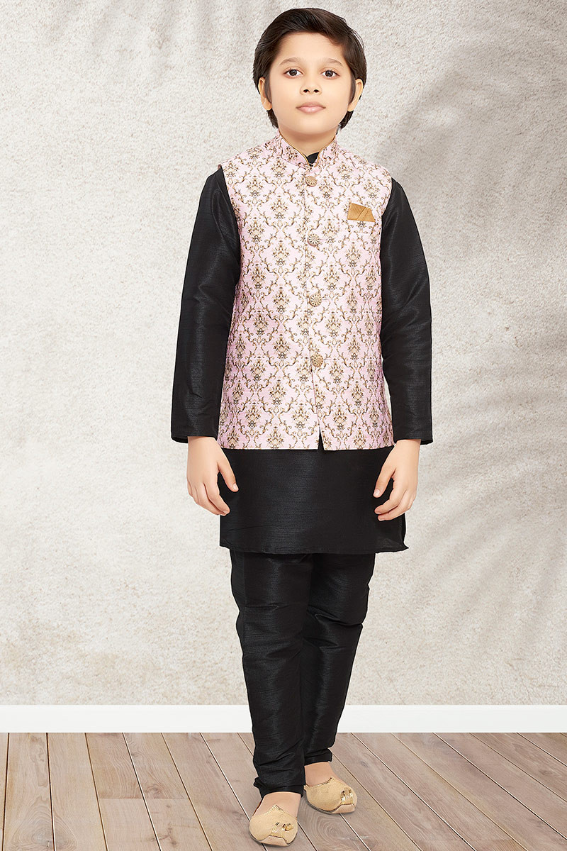 Plain Dupion Silk Black Jacket Style Boy s Kurta Pajama
