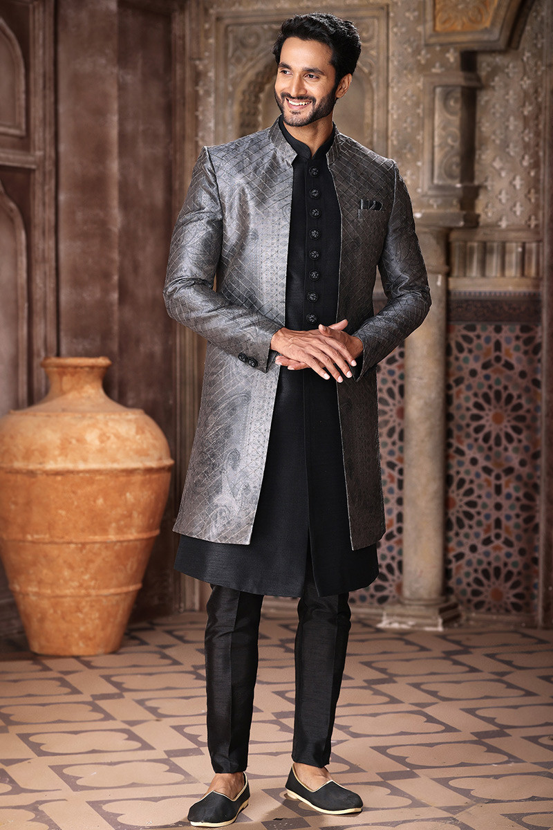 Plain Dupion Silk Black Jacket Style Men s Sherwani