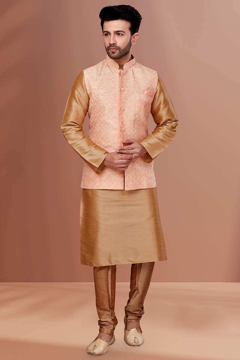 Plain Dupion Silk Chikko Brown Men Kurta Churidar