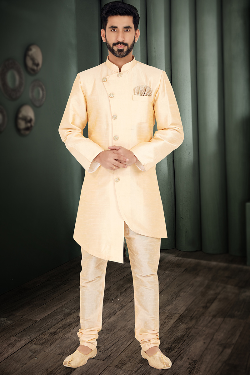 Plain Dupion Silk Cream Beige Men's Sherwani