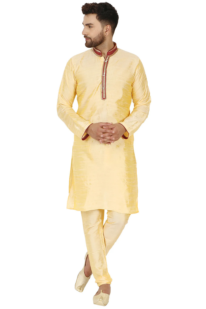 Plain Dupion Silk Cream Men's Kurta Pajama
