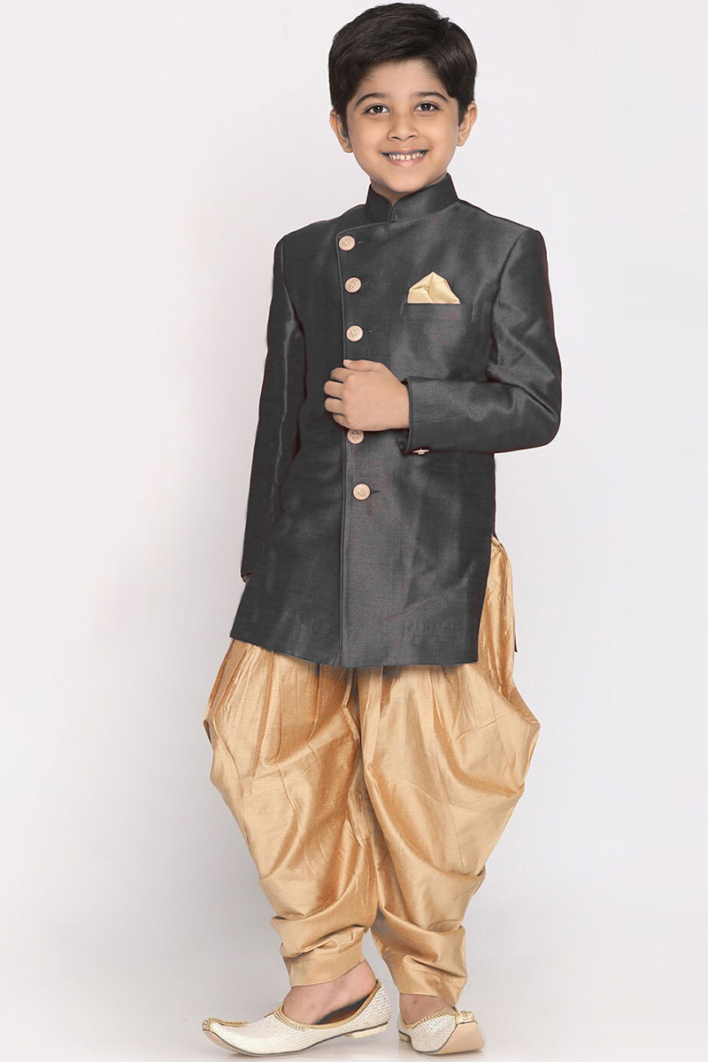 Plain Dupion Silk Dark Grey Men Sherwani