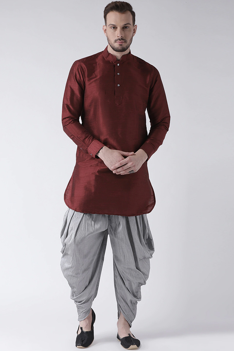 Plain Dupion Silk Dark Maroon Men's Dhoti Kurta 