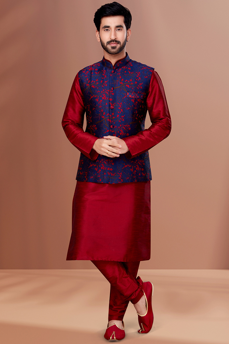 Plain Dupion Silk Deep Red Men Kurta Pajama