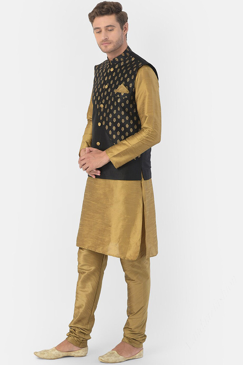 Black kurta pajama online with golden jacket