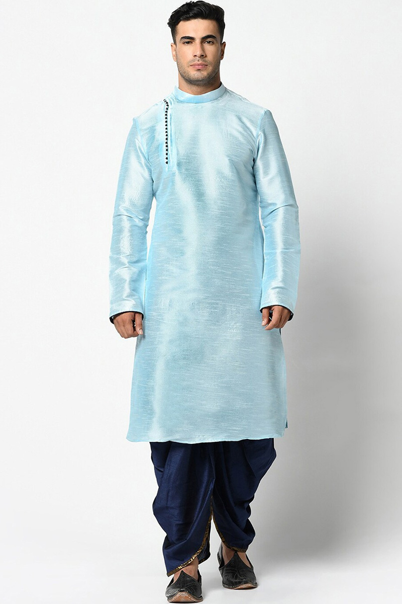 Plain Dupion Silk Powder Blue Men Kurta With Dhoti