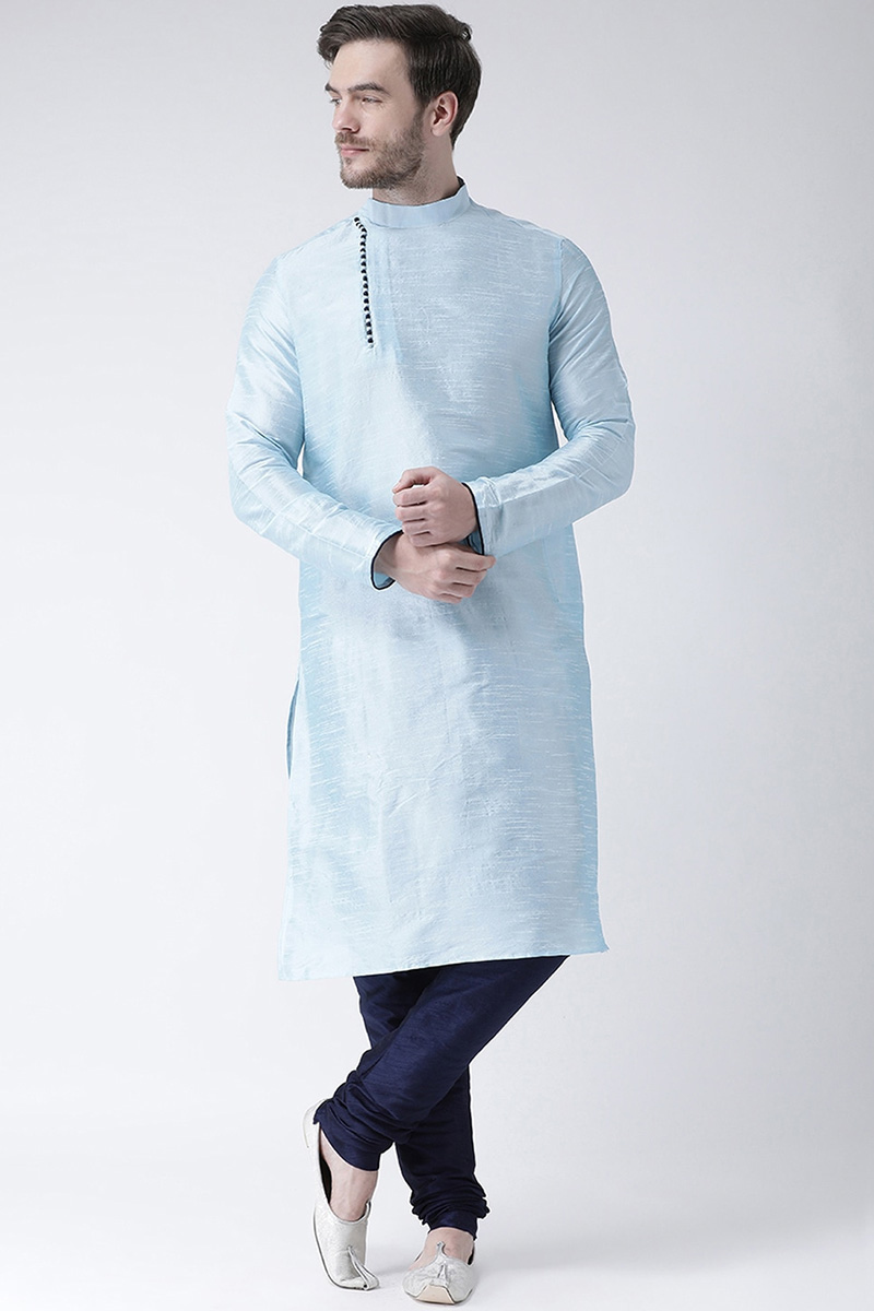 Plain Dupion Silk Powder Blue Men's Kurta Pajama